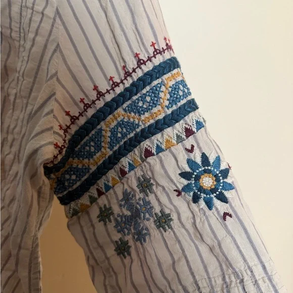 Johnny Was Striped Embroidered Blouse - Blue and Red - Picture 4 of 9